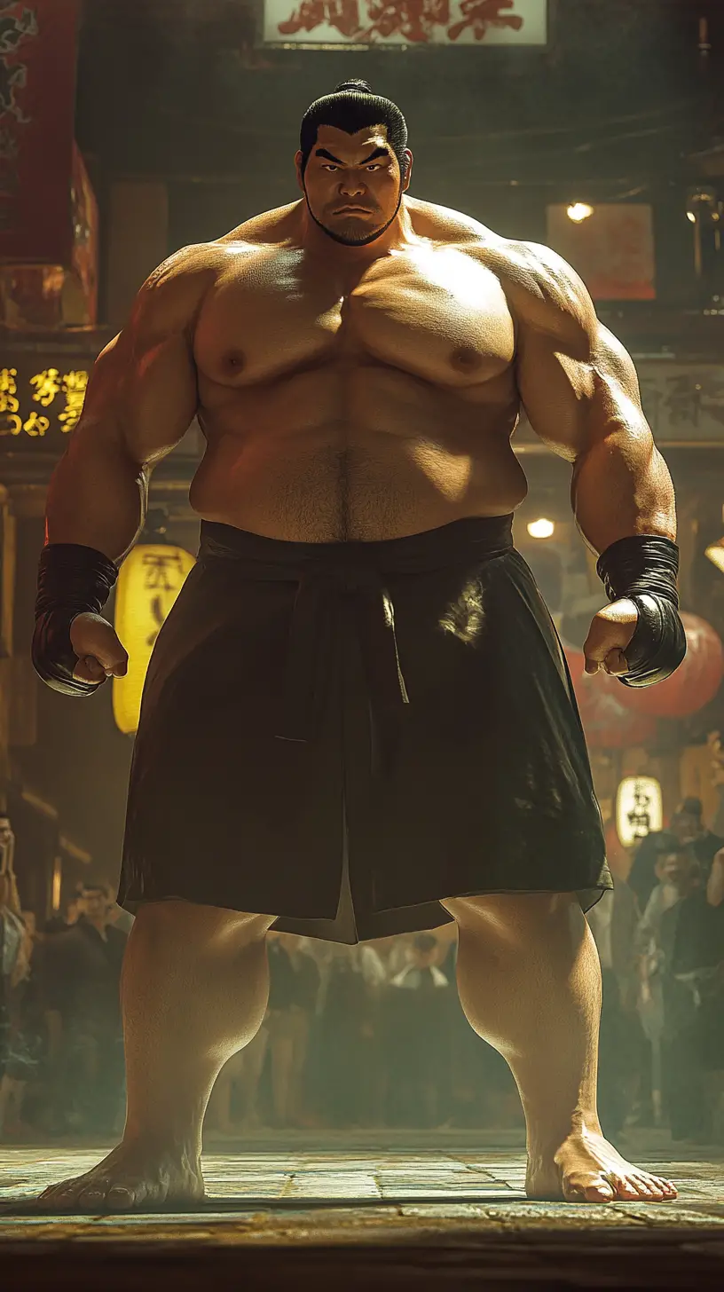 Potente lottatore di sumo in posa da combattimento di strada in stile anime
