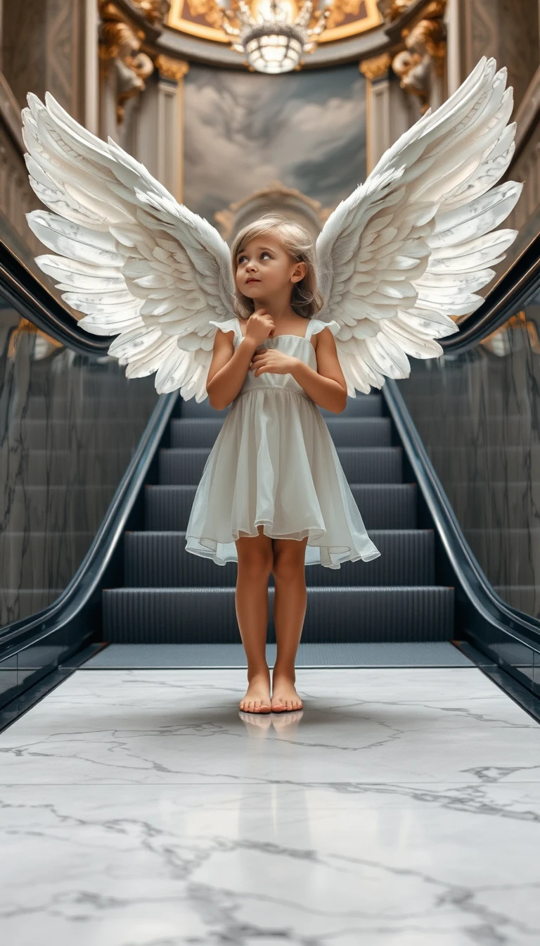 Jeune ange sur un escalator dans un grand hall baroque