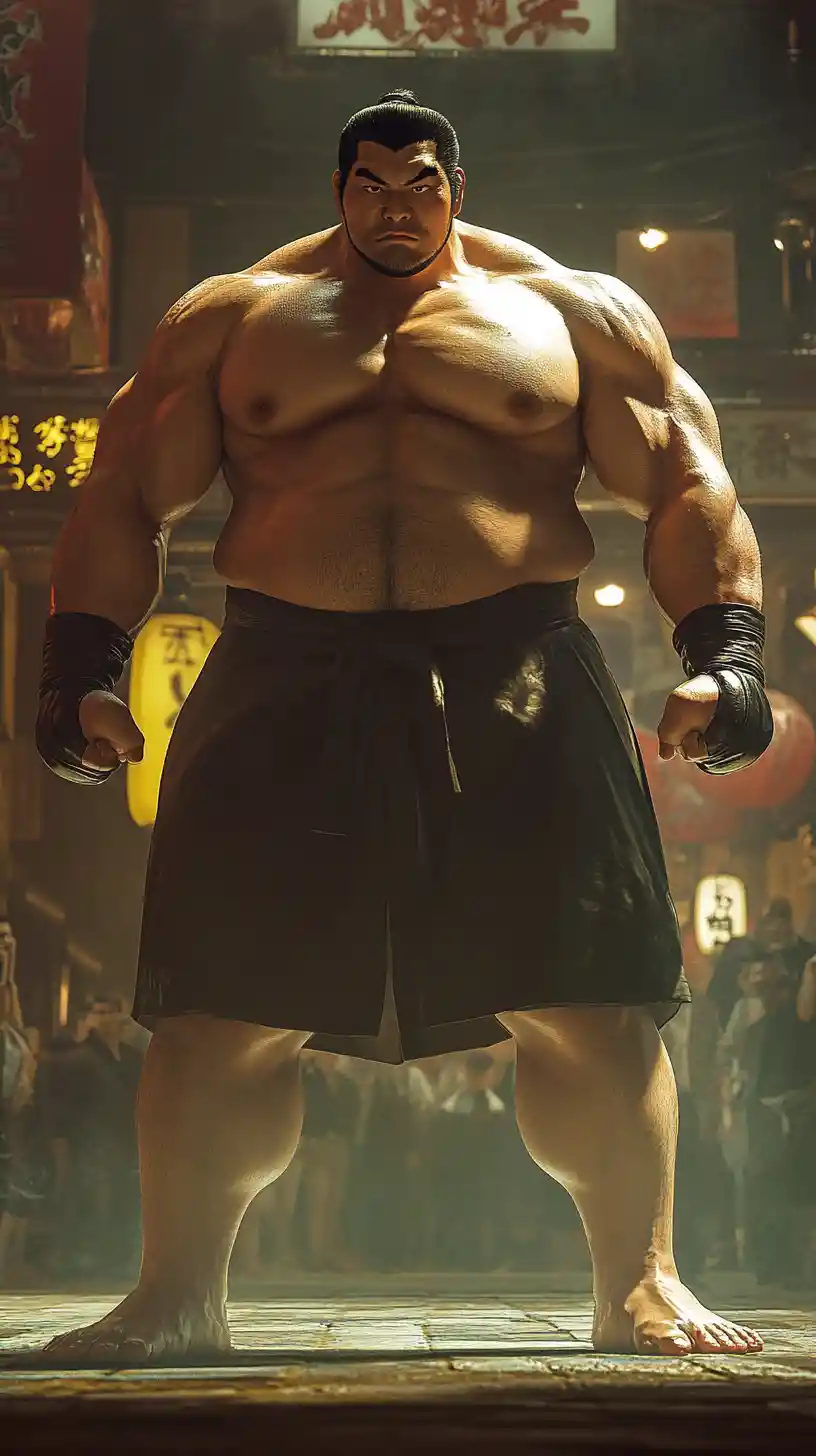 Potente lottatore di sumo in posa da combattimento di strada in stile anime