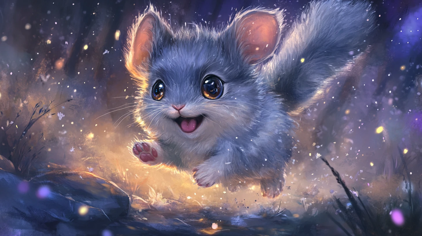 Joyful baby chinchilla bouncing in a moonlit meadow
