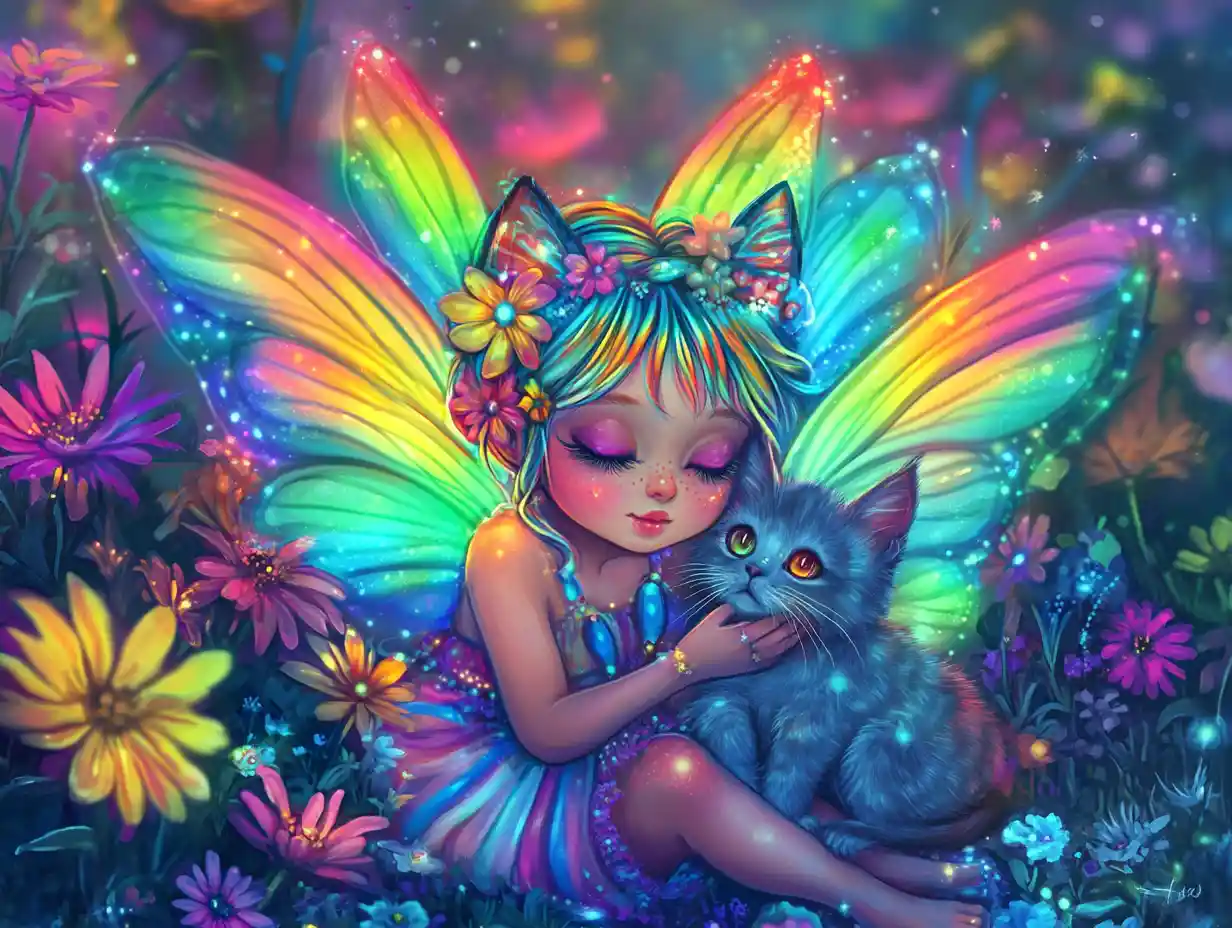 Chibi fairy girl cuddling kitten by neon rainbow daisy
