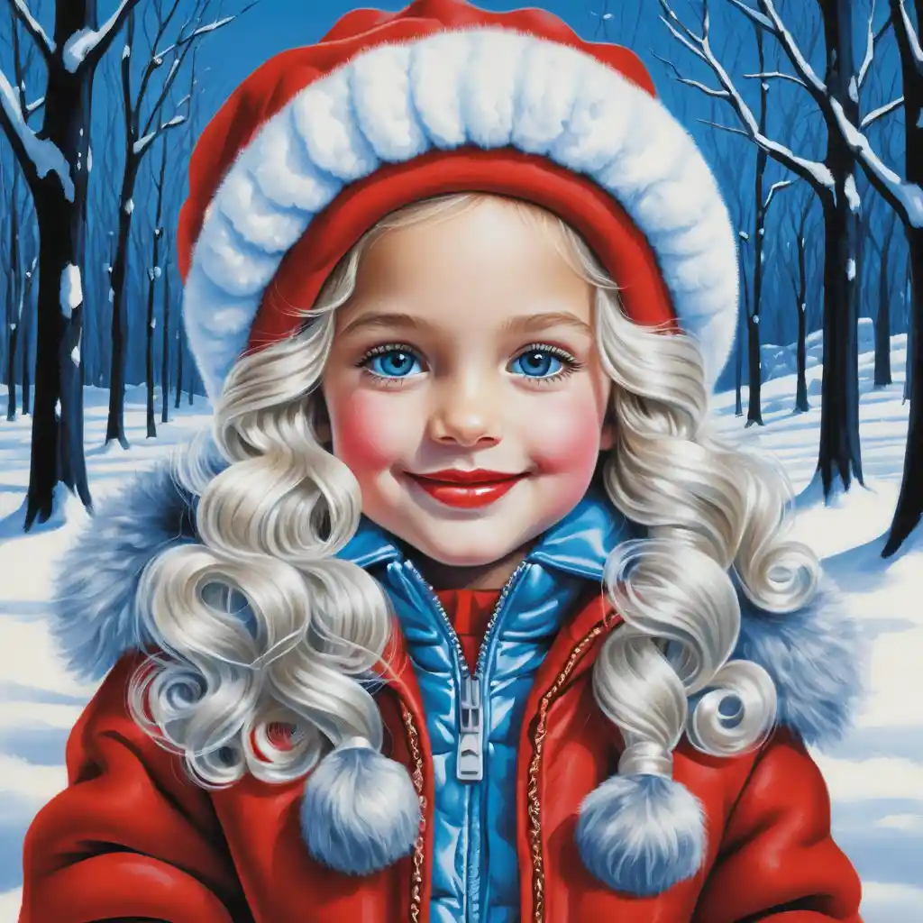 Bambina sorridente invernale con cappotto di pelliccia rosso ritratto a matite colorate