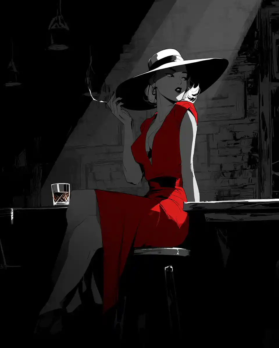 Femme Mystérieuse en Robe Rouge dans un Bar Noir Enfumé