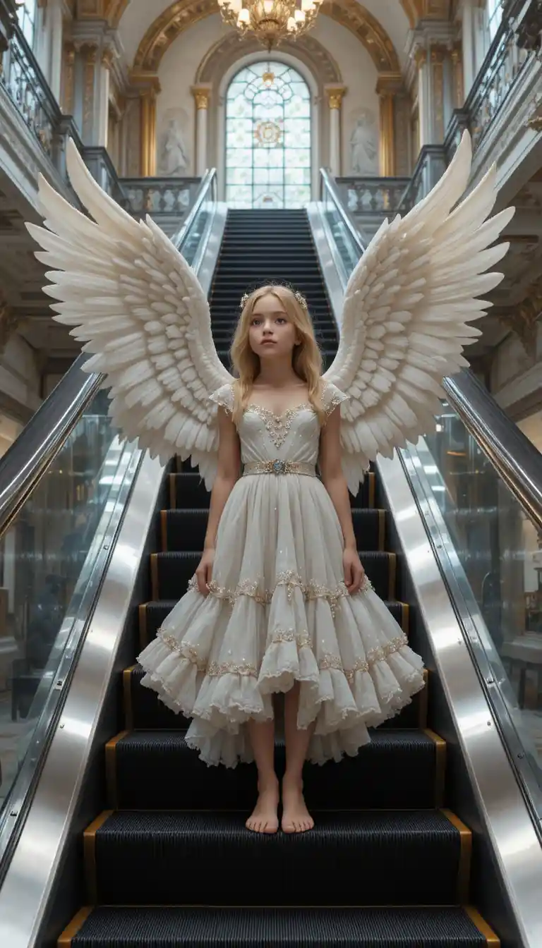 Angel girl standing barefoot on an escalator in baroque marble