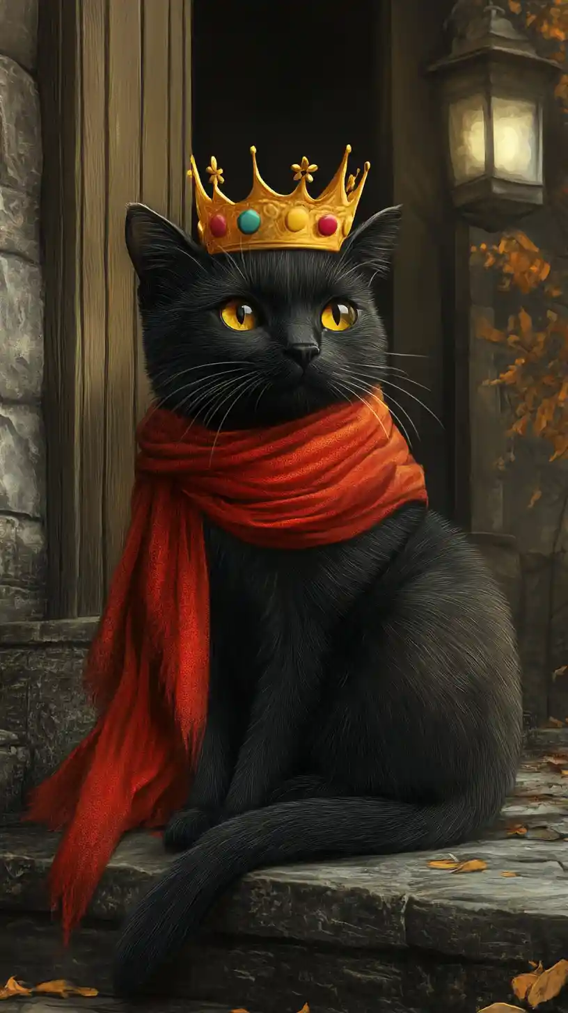 Black cat king on stone steps of an antique house