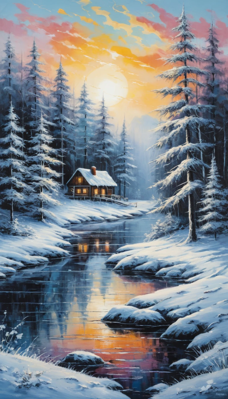 Paisible peinture acrylique d’un paysage hivernal vibrant
