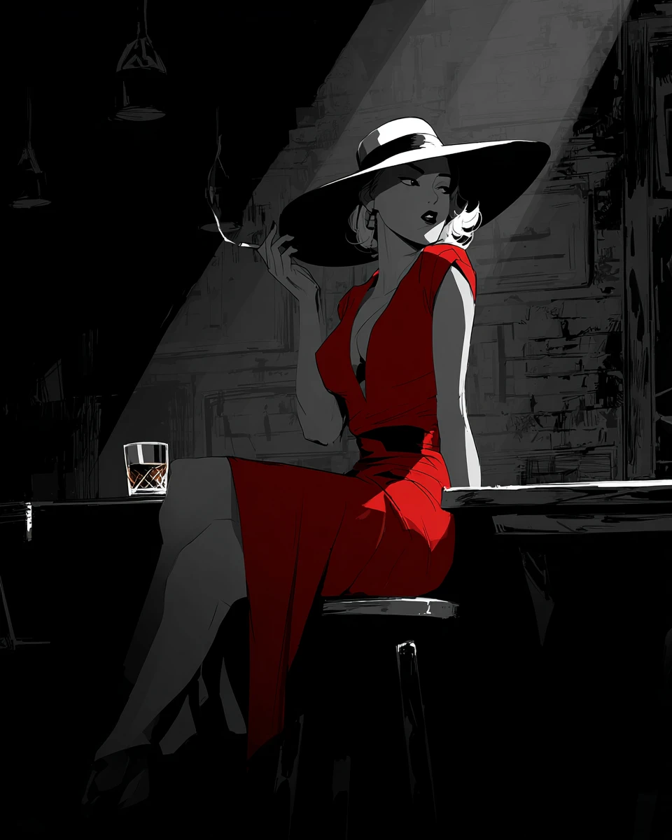 Mysterious Woman In Red Dress At Smoky Noir Bar