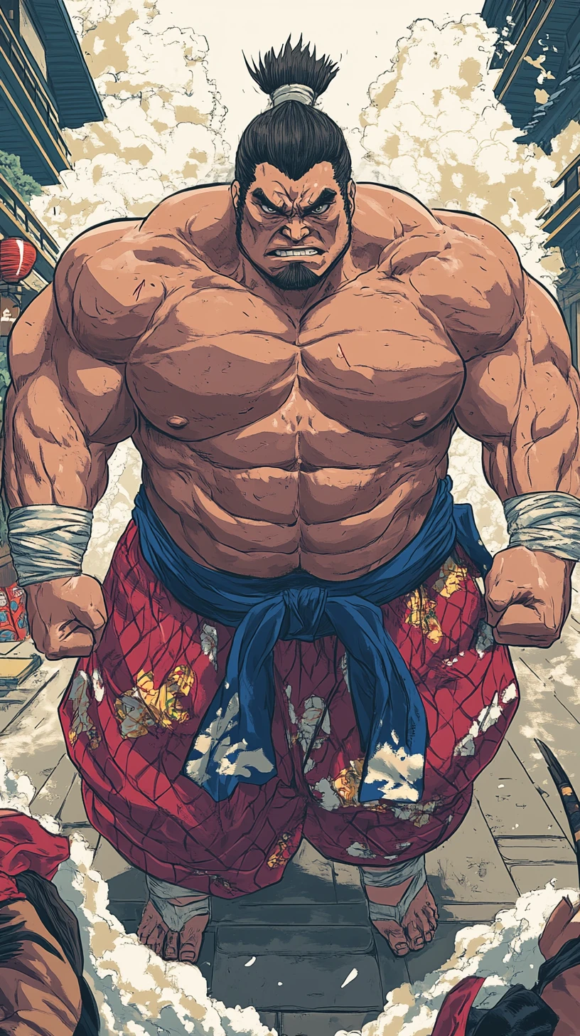 Potente lottatore di sumo in stile anime in una dinamica posa di combattimento