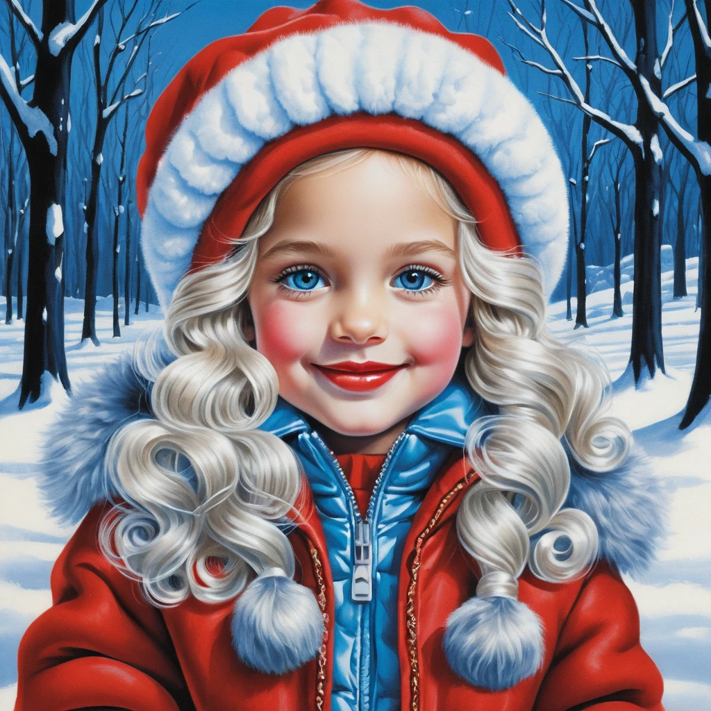 Fillette souriante en manteau de fourrure rouge portrait au crayon de couleur