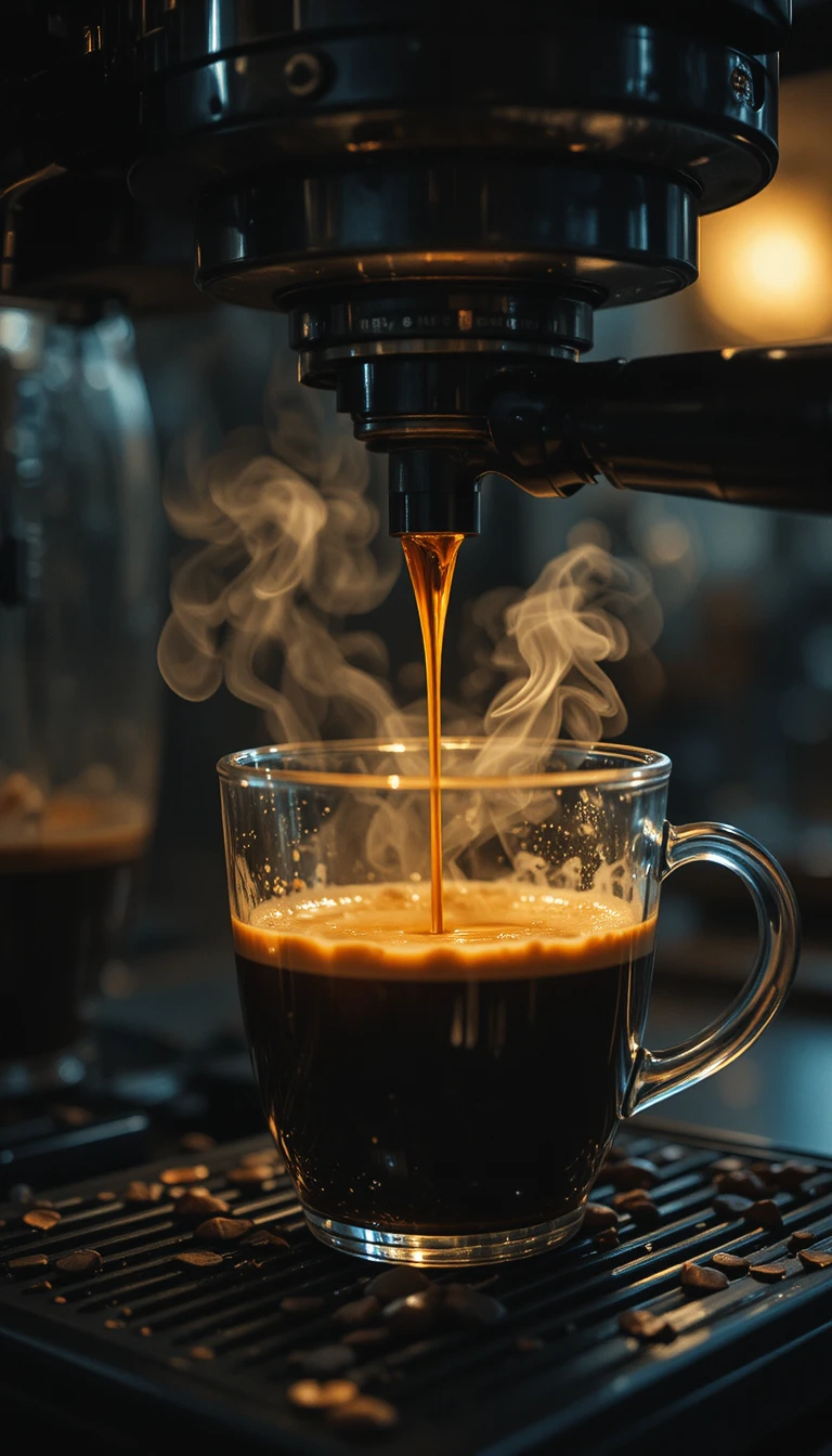 Close-up de máquina de café preparando em uma xícara de vidro