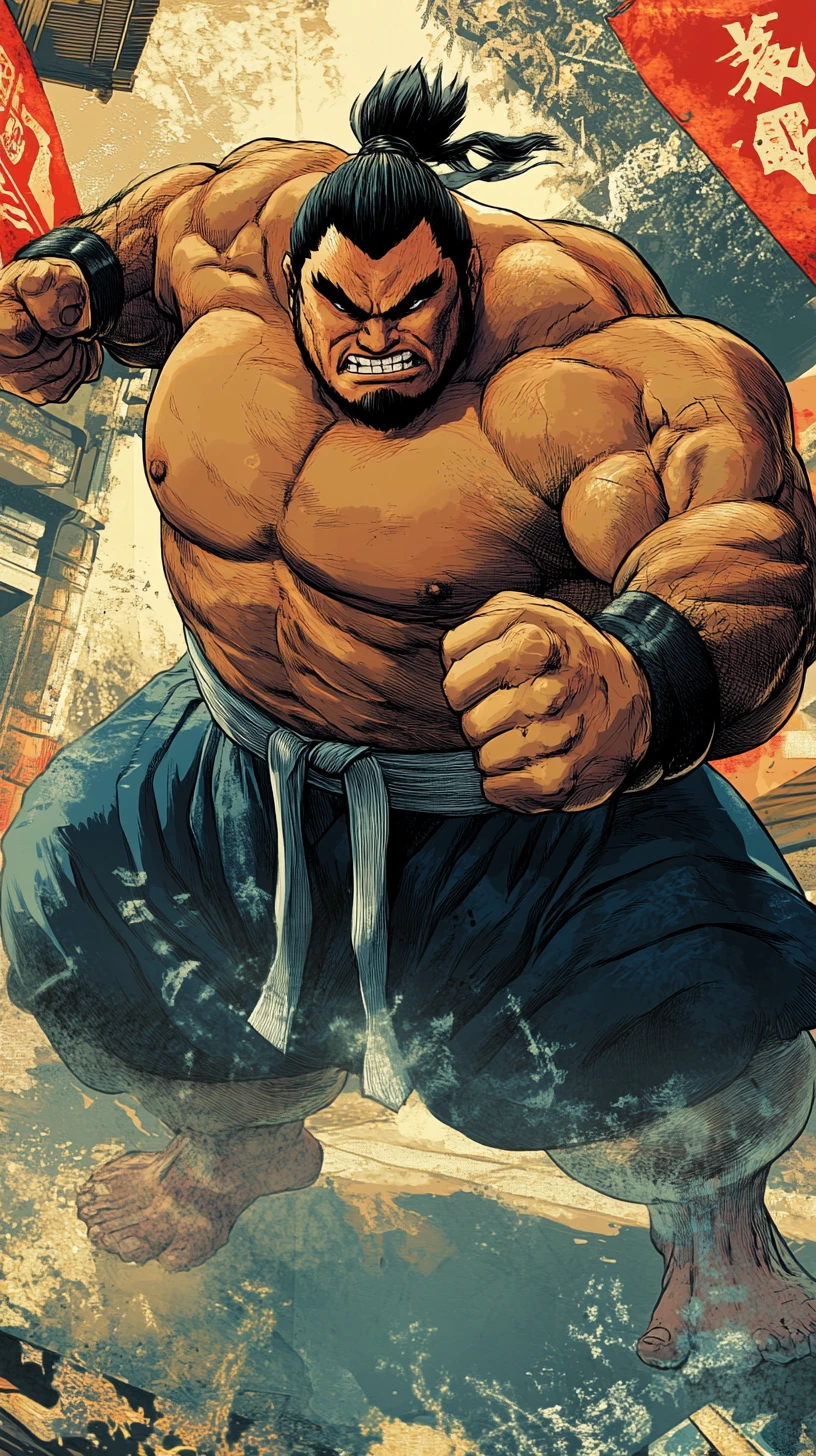 Potente lottatore di sumo in stile anime in classica posa di combattimento