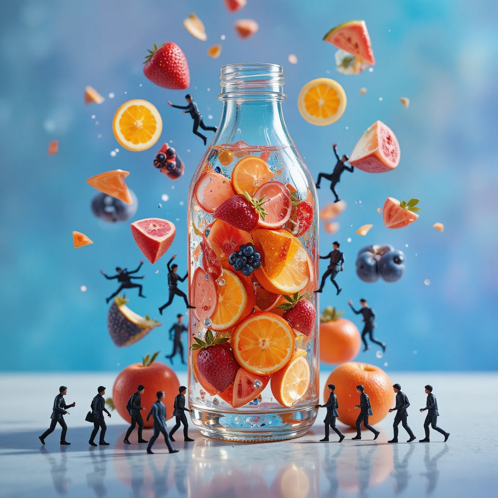 Glass bottle with tiny figures and flying fruit slices