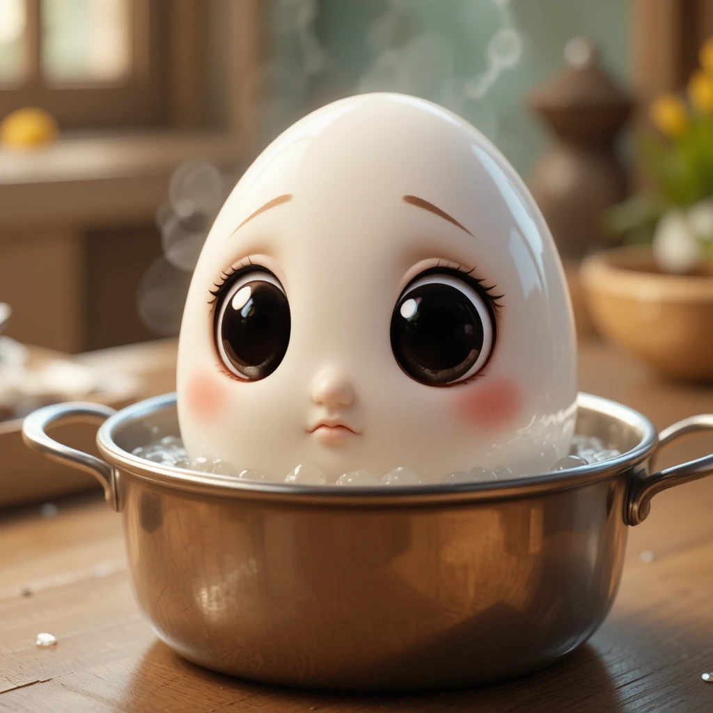 Œuf 3D mignon aux grands yeux qui bout dans une casserole en métal