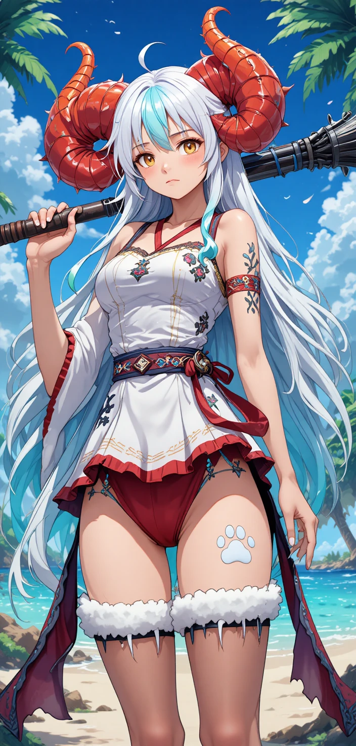 Guerriera anime con corna e kanabo su isola tropicale