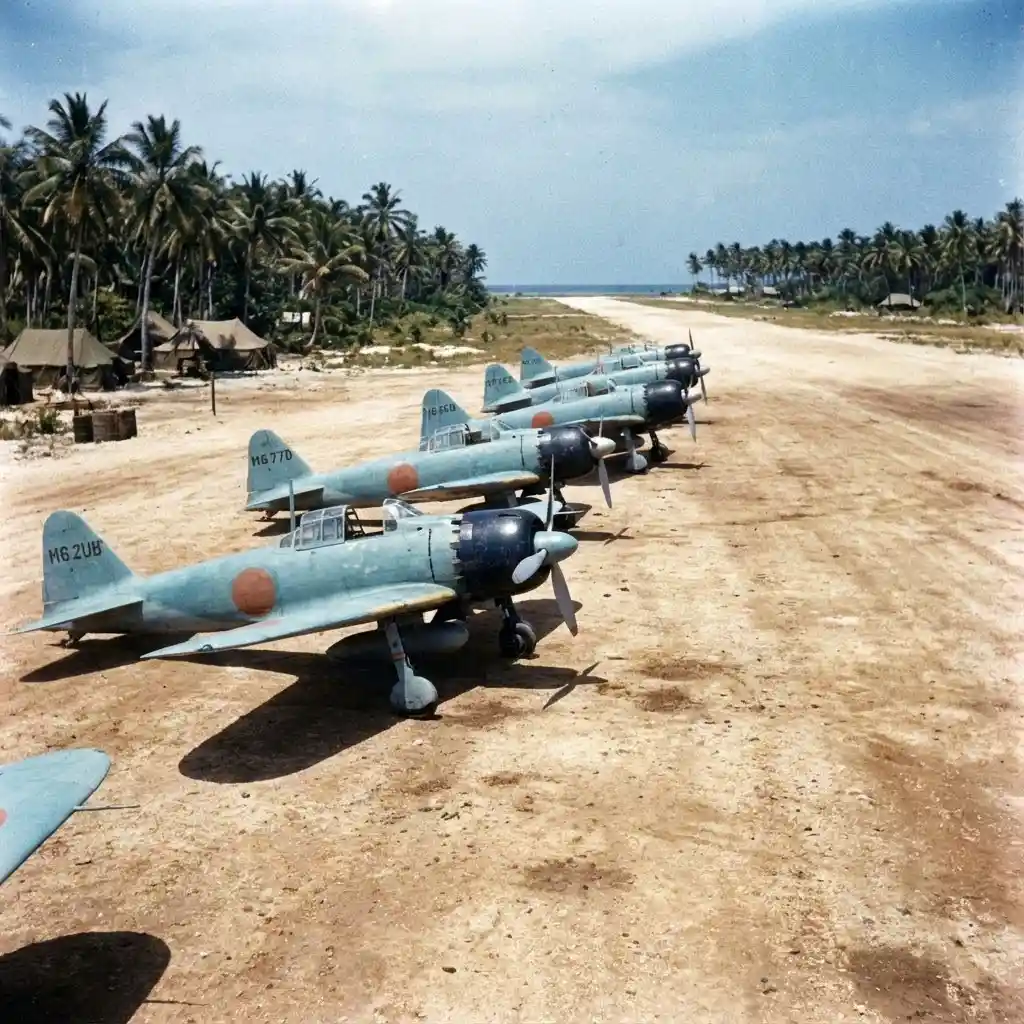World War II Pacific A6M Zero fighters in blue morning sky
