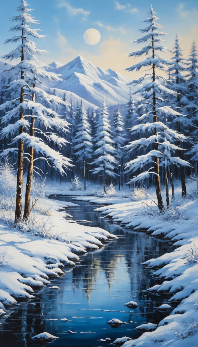 Peinture acrylique sereine d’un paysage hivernal vibrant