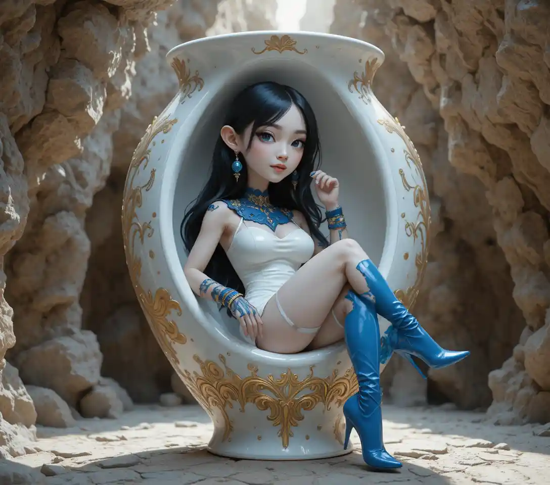 Donna futuristica che si rilassa dentro un vaso a forma di grotta rocciosa