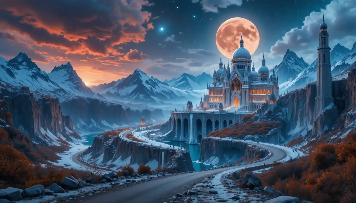 Autumn valley at night with dragon shaped starry sky