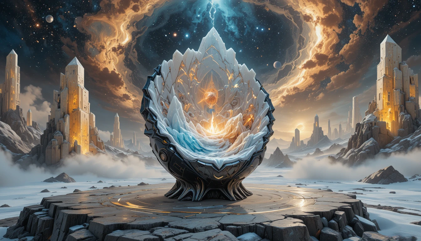 Futuristic ornate chair floating in a swirling cosmic scene