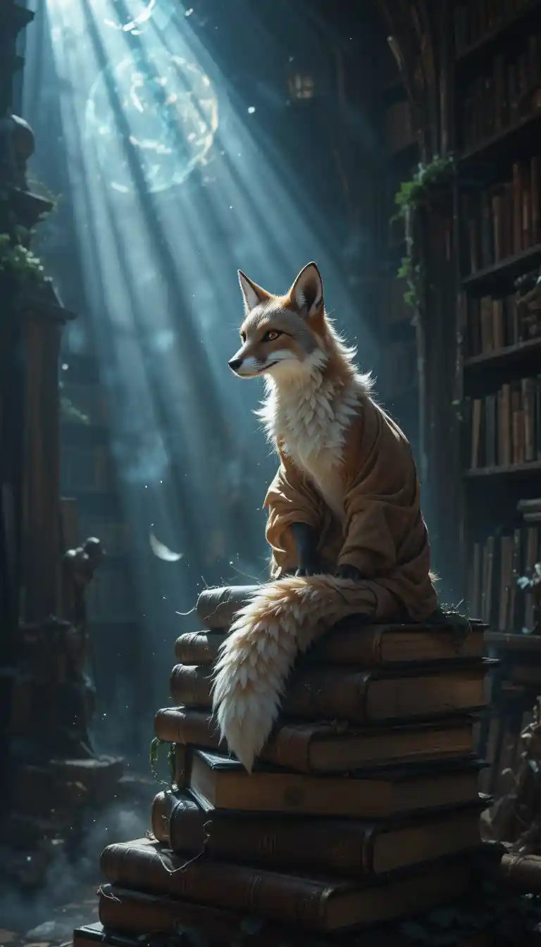 Renard mystique sur des livres anciens dans une bibliothèque ombragée