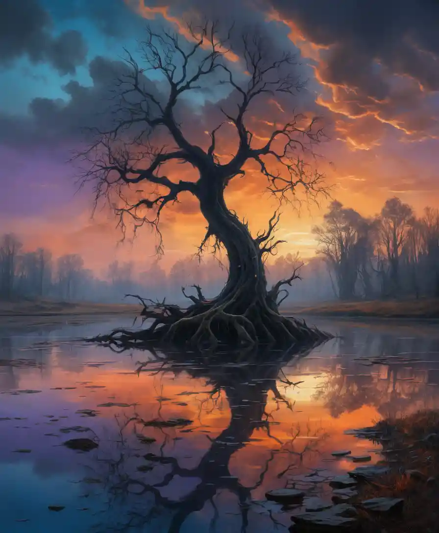 Twisted leafless tree beside a mysterious pond at sunset
