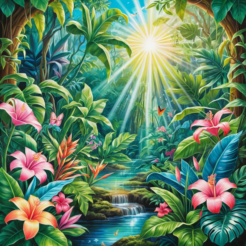 Surreal tropical forest dreamscape with glowing summer sunlight