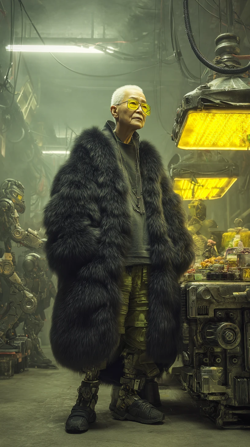 Kybernetischer Warlord an einem futuristischen Straßenstand in Hongkong