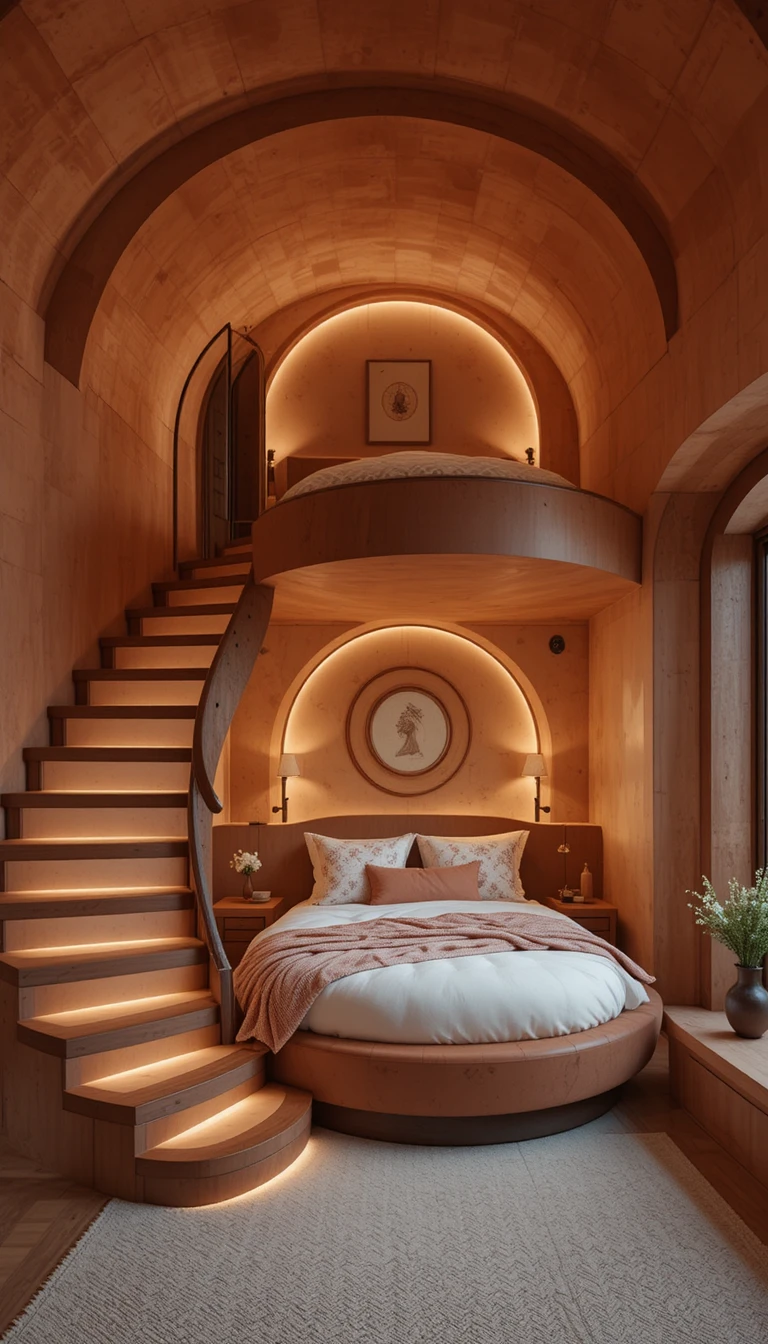 Accogliente camera da letto duplex moderna con letto a capsula circolare