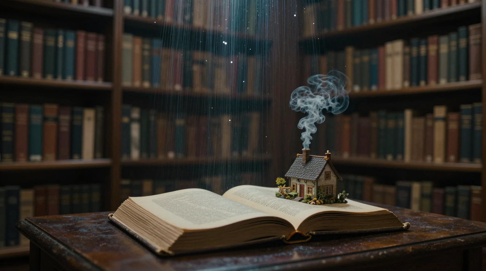 Biblioteca Surreal com Estantes Iluminadas por Estrelas e Livro de Histórias Aberto