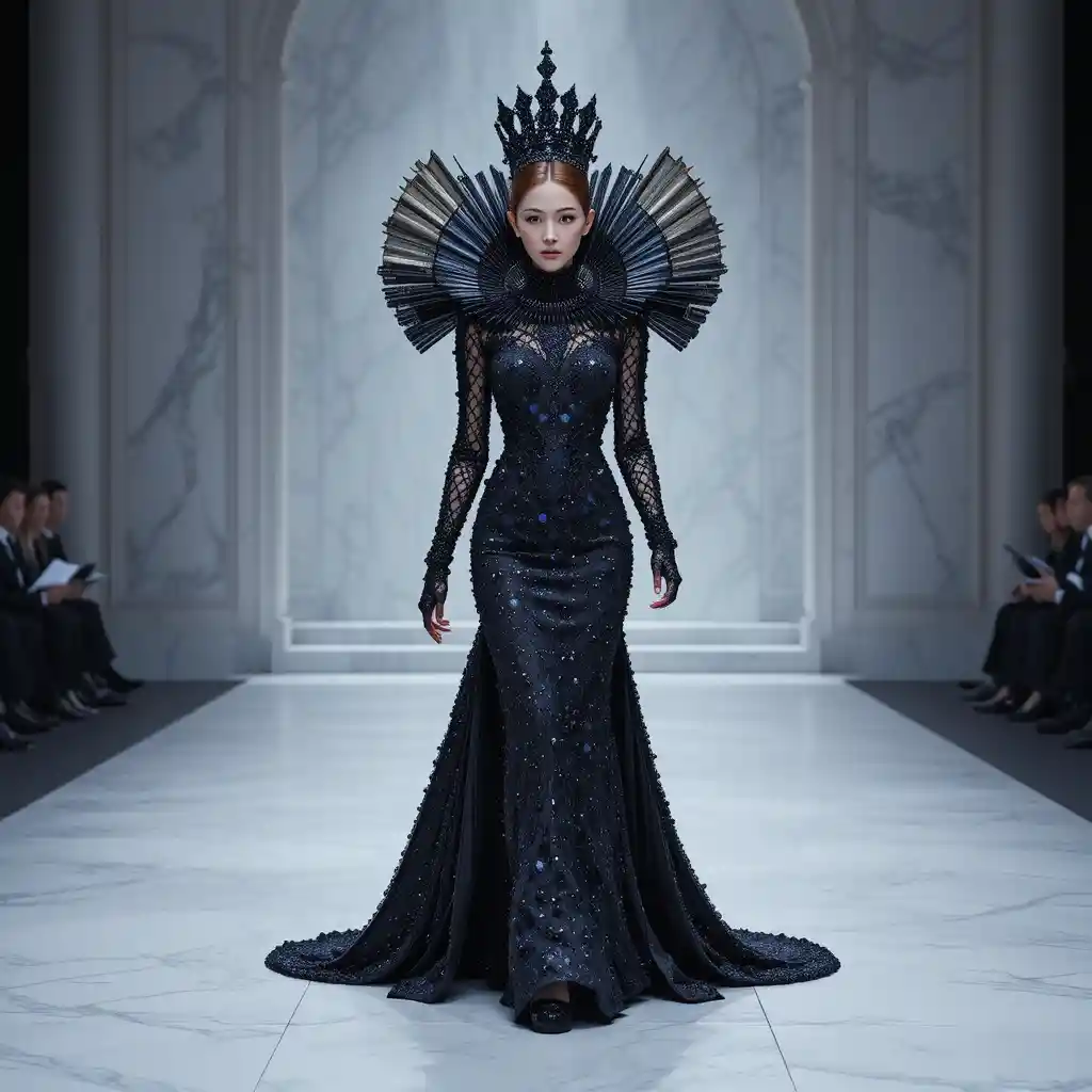 Koreanisches Model im gotischen Perlenkleid mit Fächerkragen auf dem Laufsteg