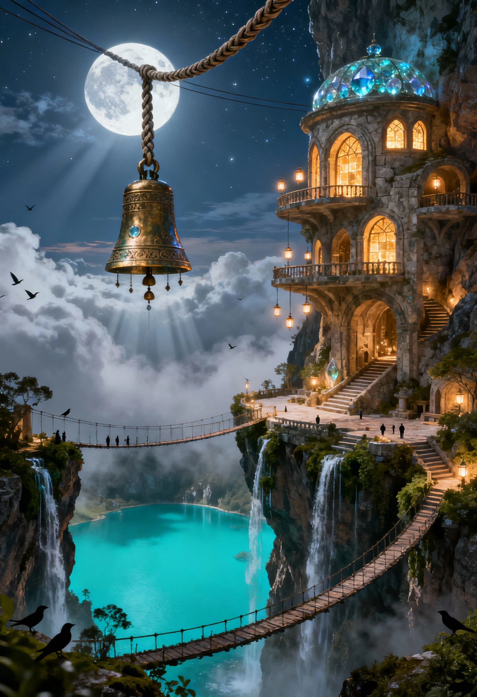 Colossal fantasy wind chime city suspended from the full moon