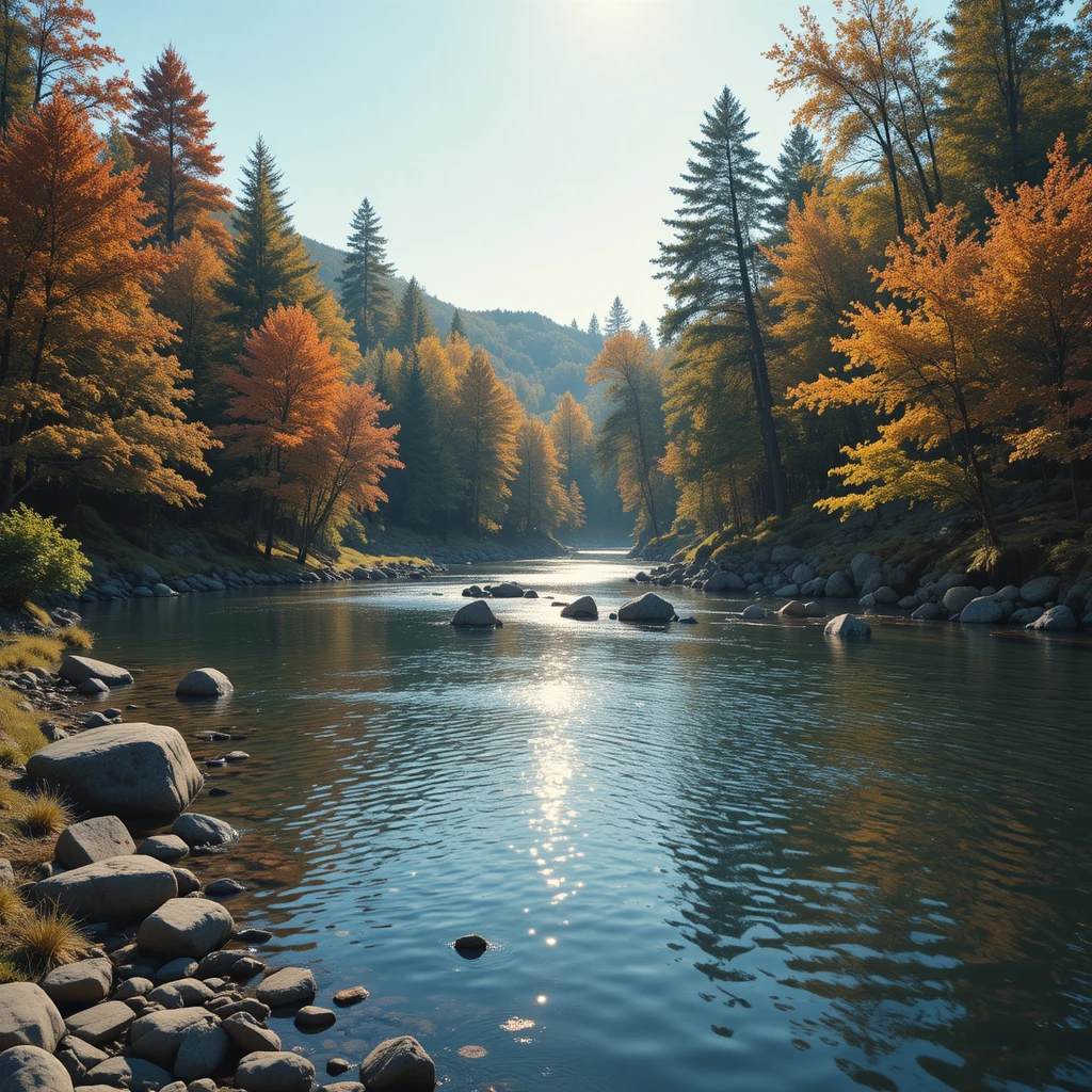 Rivière paisible avec arbres, rochers et douces ondulations