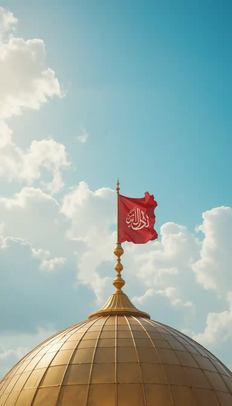 Goldene Moscheekuppel mit roter Flagge unter blauem Himmel