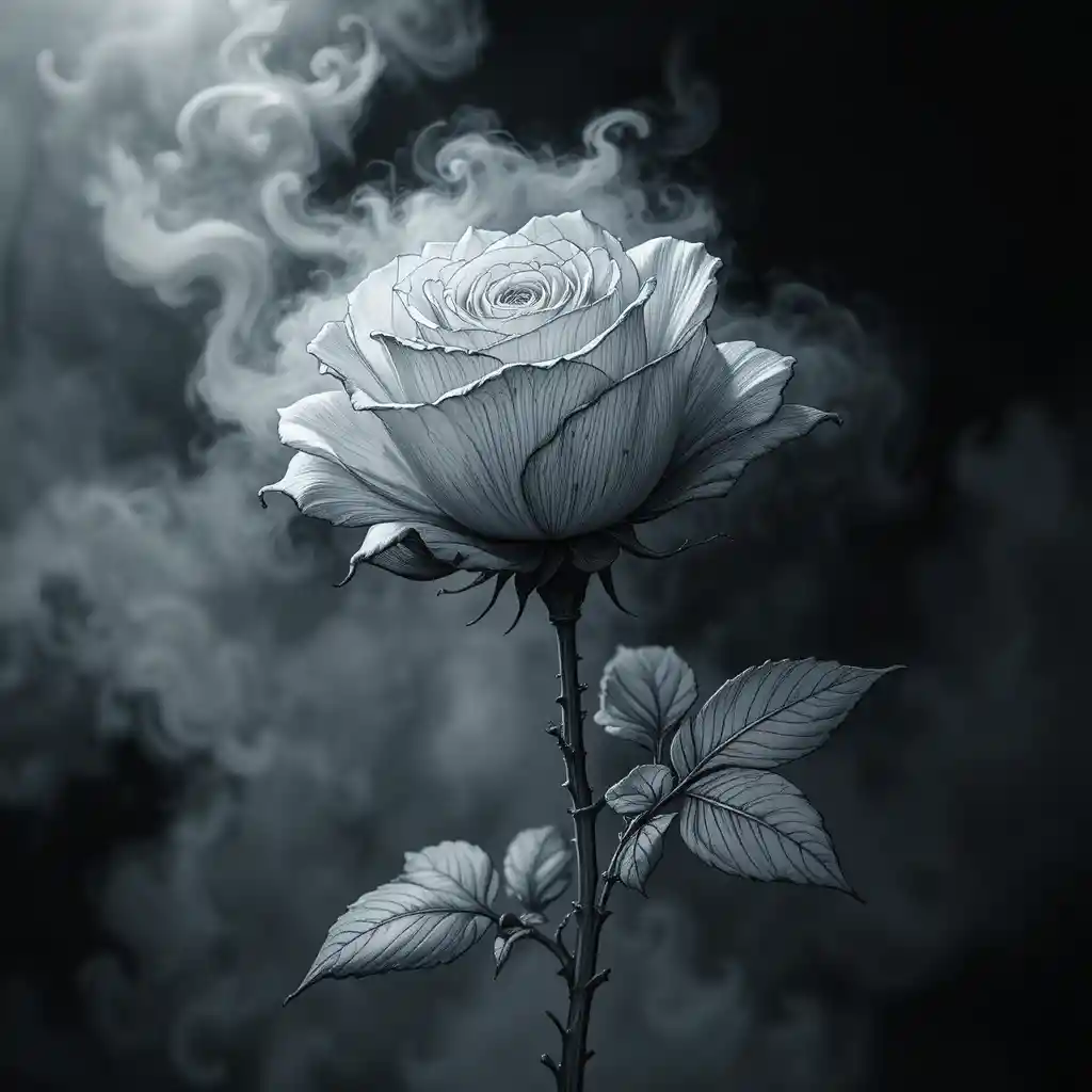 Gravierte Rose, die aus Nebel vor dunkler Nacht erscheint