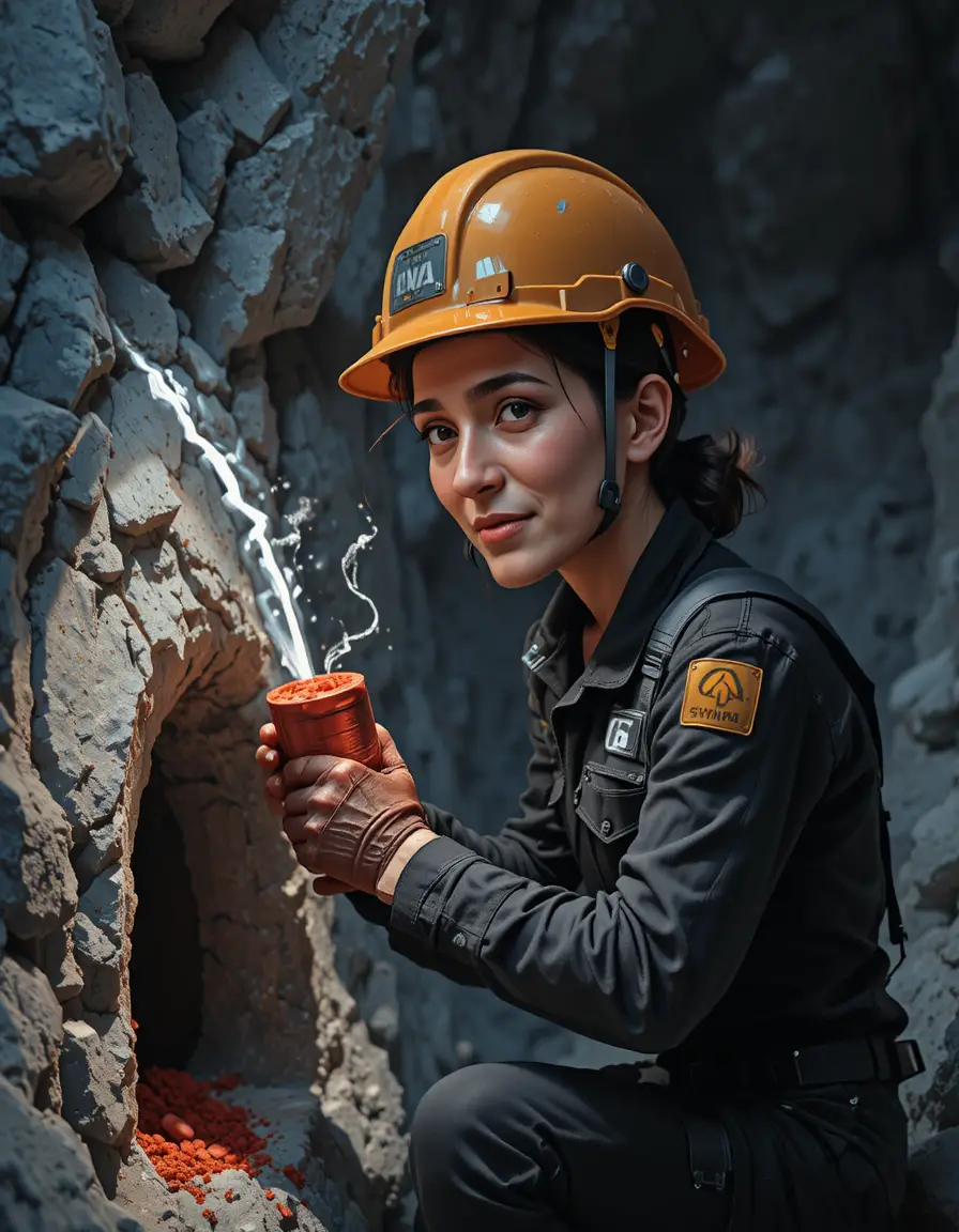 Bergmann platziert rote Dynamitstangen in einem felsigen grauen Tunnel