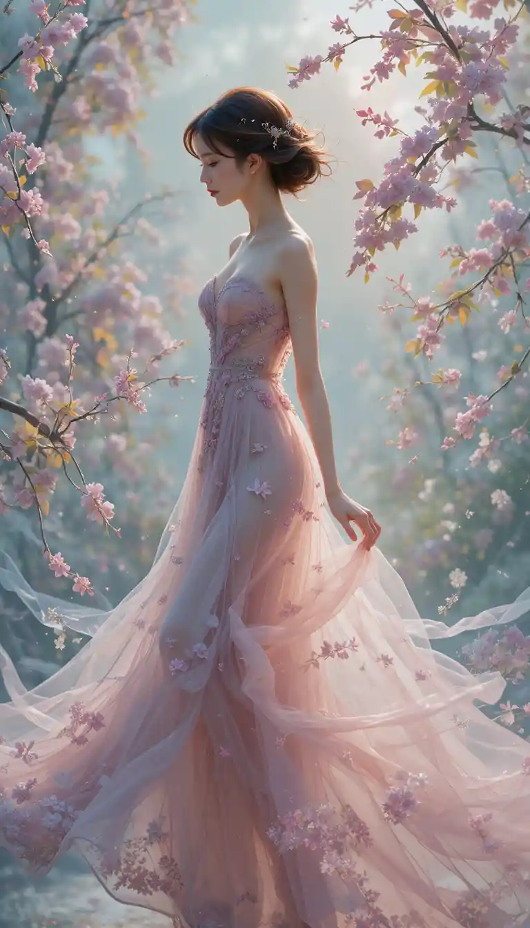 Elegant female silhouette in flowing organza dress line art