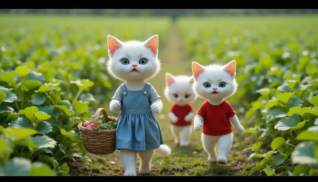 Mama cat and kittens picking fresh vegetables together