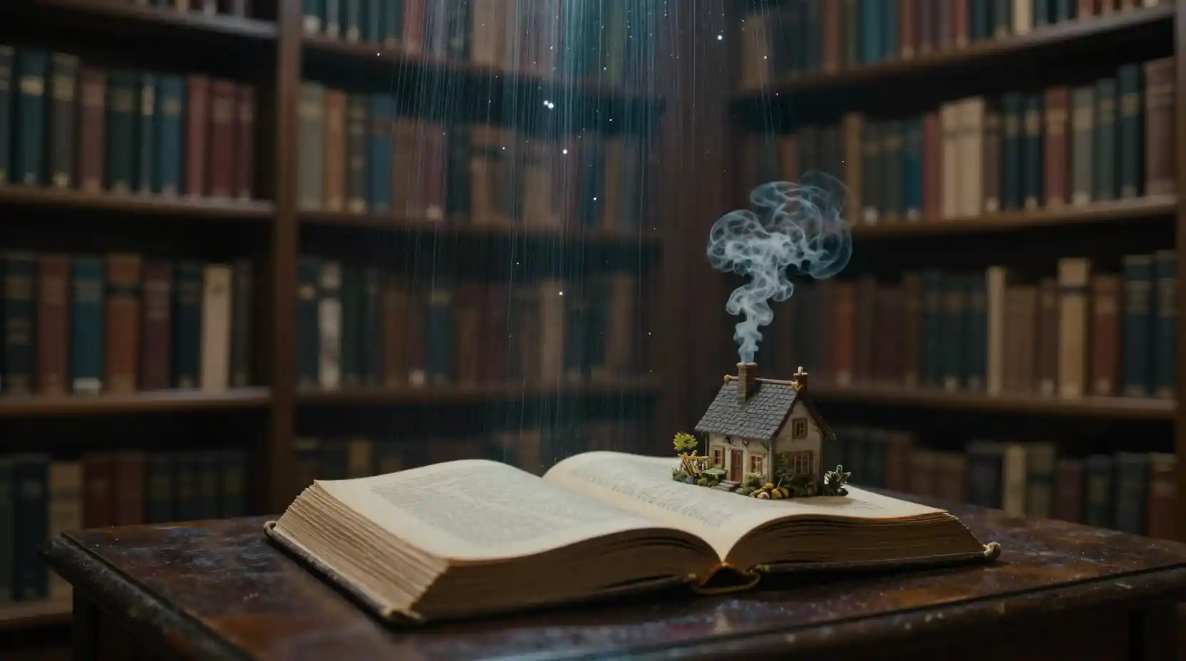 Biblioteca Surreal con Estanterías Iluminadas por Estrellas y un Libro de Historias Abierto