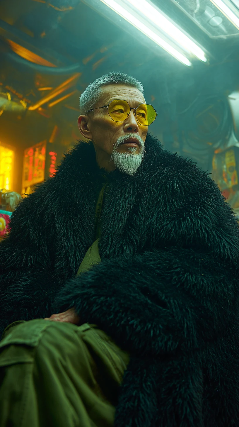 Stylish Elderly Man At Futuristic Neon Street Food Stall