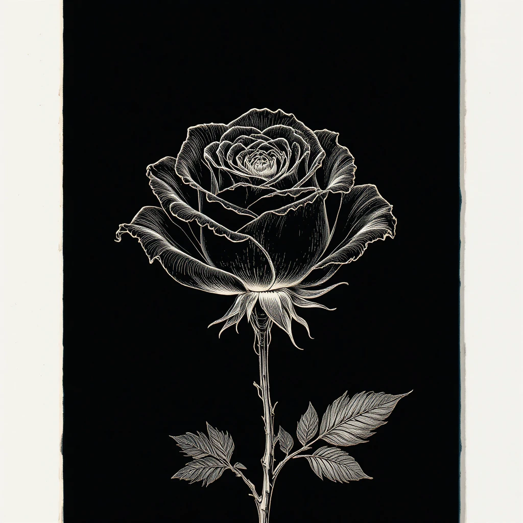 Gravura botânica minimalista de uma rosa brilhante em preto