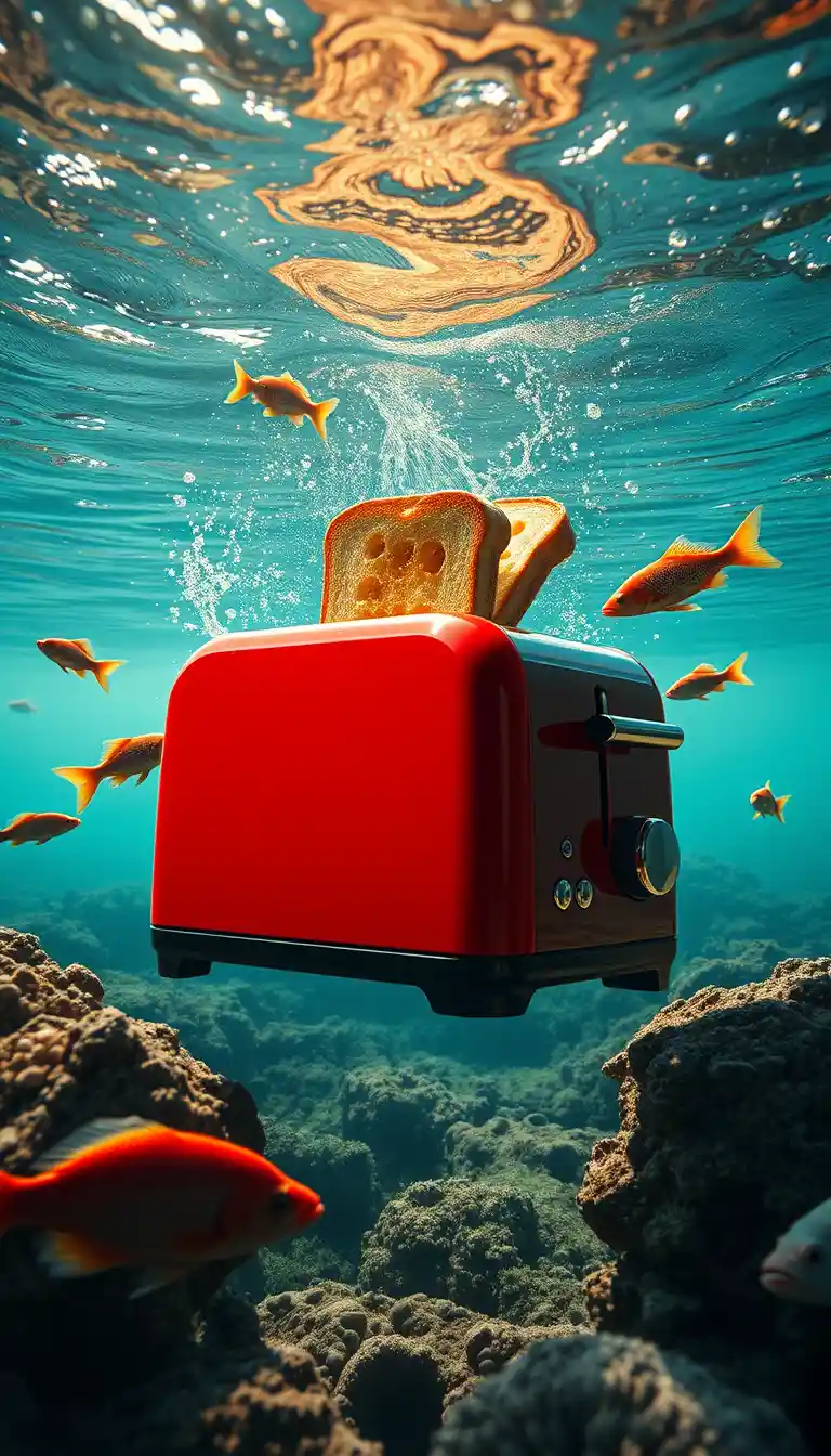 Red toaster in a surreal underwater coral reef scene