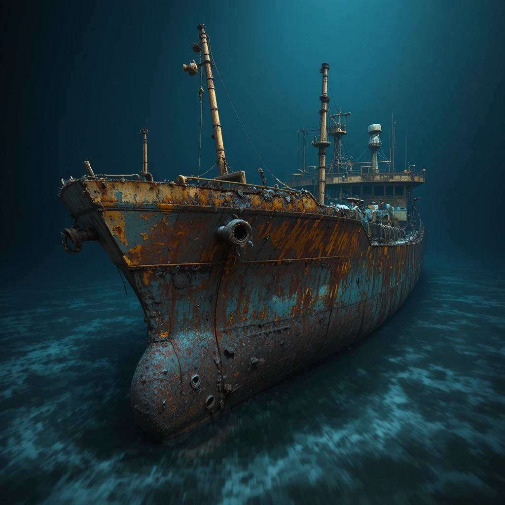 Sunken Rusted Oil Tanker On The Dark Ocean Floor