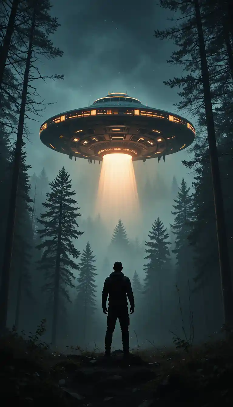 Silhouetted man under glowing UFO in misty forest