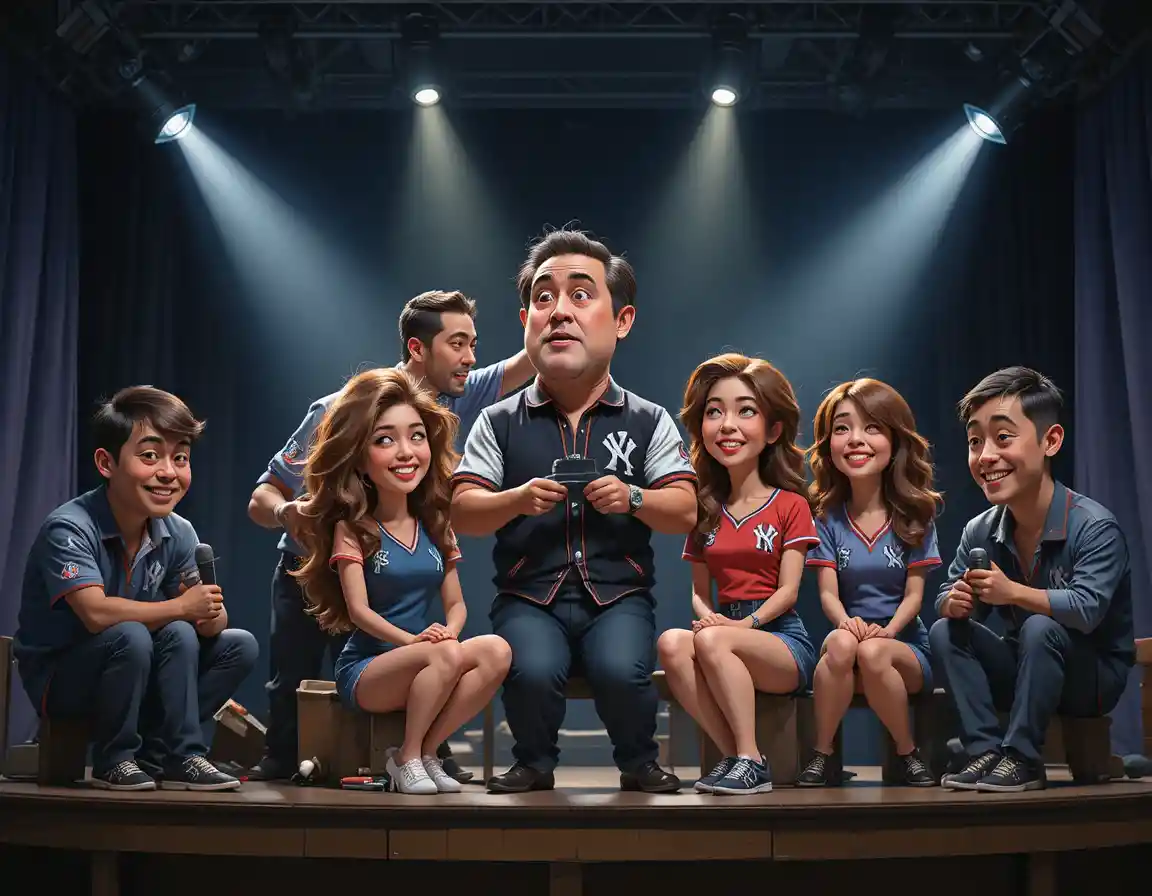 Gruppo di sei persone su un palco buio in uno studio televisivo