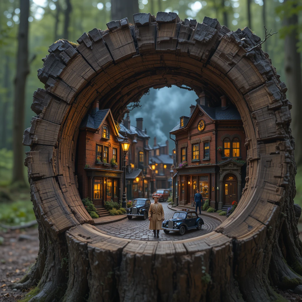 Rua em miniatura da Londres vitoriana dentro de um carvalho oco na floresta