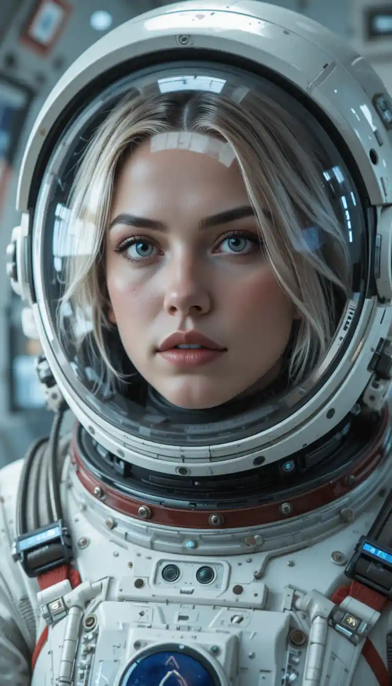 Close up portrait of a female astronaut in spacecraft