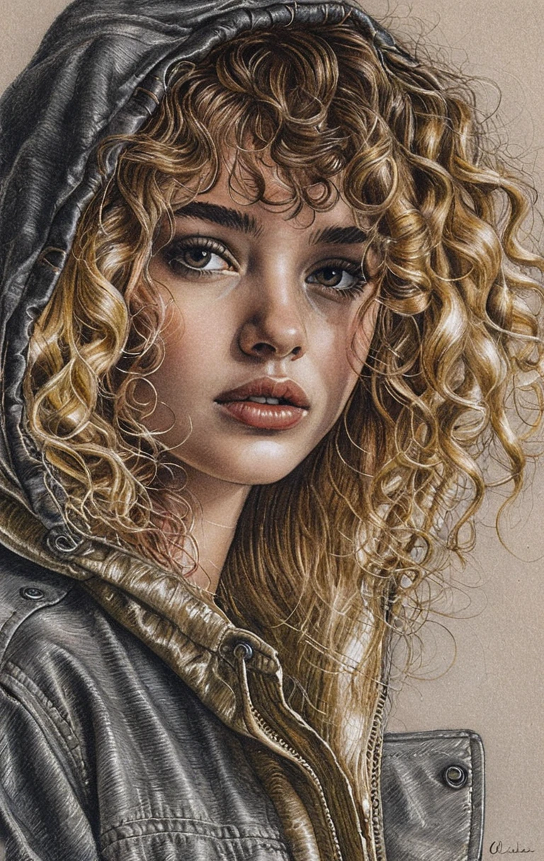 Graphite portrait of a young woman with curly hair