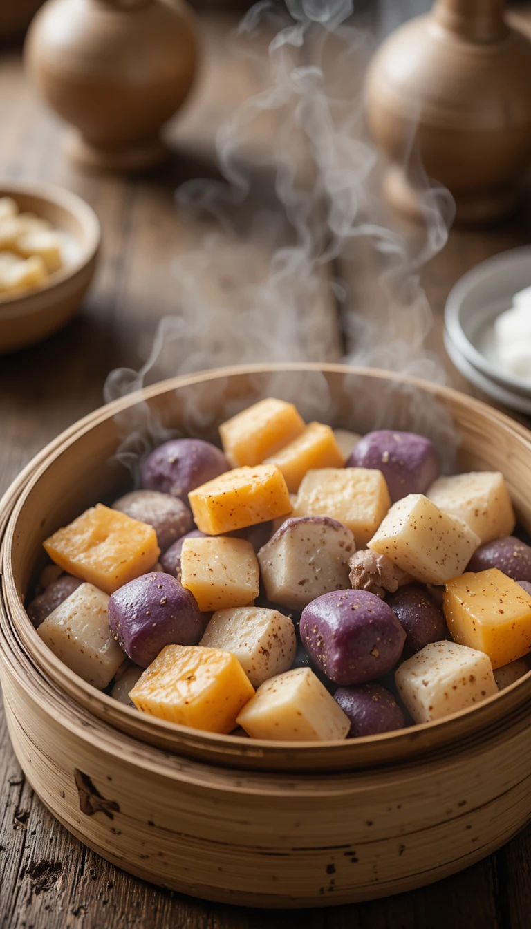 Steaming bamboo basket with rustic root vegetables on table