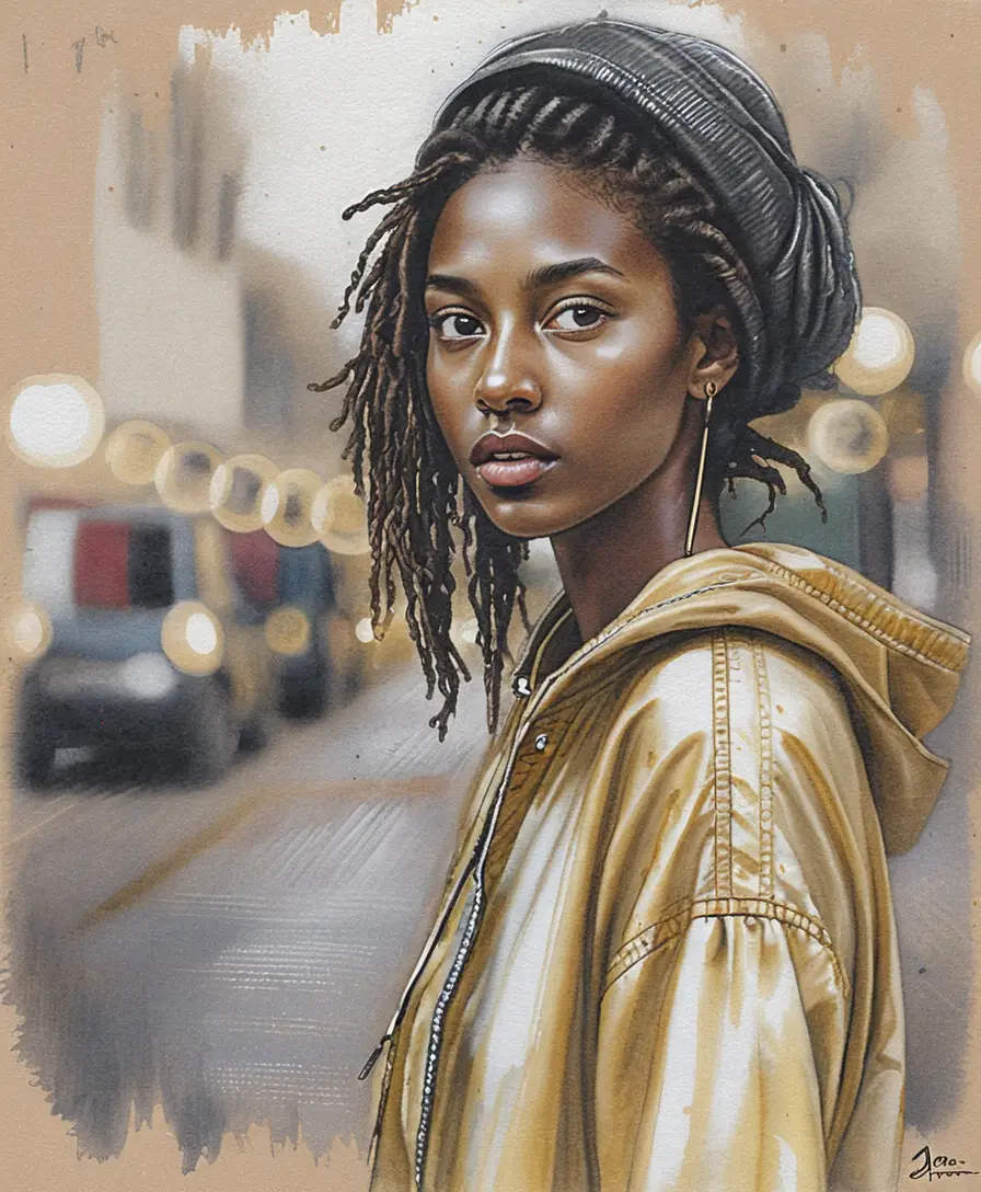 Retrato a carvão de uma jovem serena em papel cinza