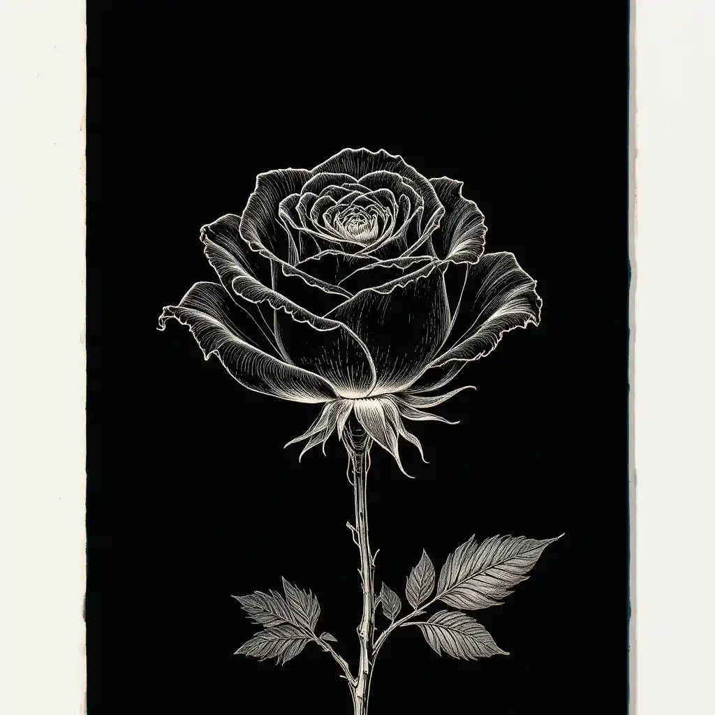 Minimalistischer botanischer Stich einer leuchtenden Rose auf Schwarz